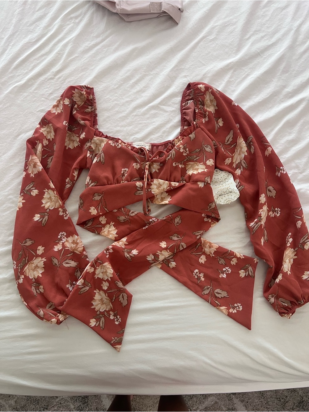 Altar’d State Floral Tie Crop Top in Rust - Picture 1 of 4